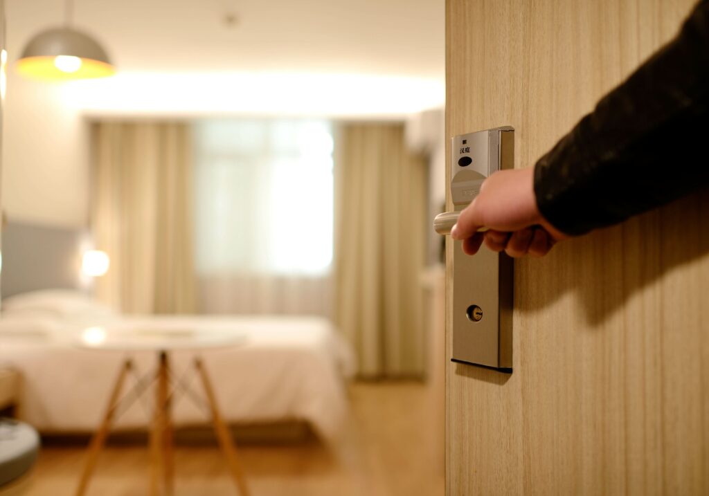 Hotel room door with digital lock